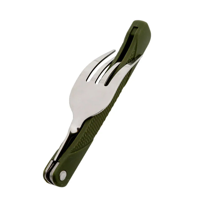 Stainless Steel Portable Folding Cutlery Set Fork Knife With Green Pouch Survival Camping Bag Outdoor Cutlery Container
