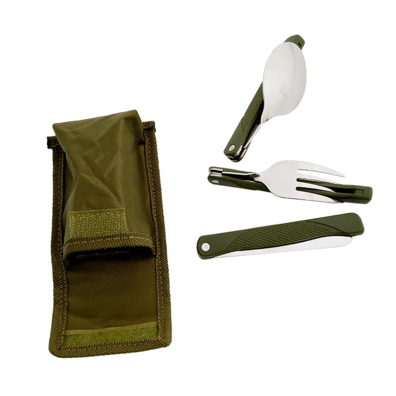 Stainless Steel Portable Folding Cutlery Set Fork Knife With Green Pouch Survival Camping Bag Outdoor Cutlery Container