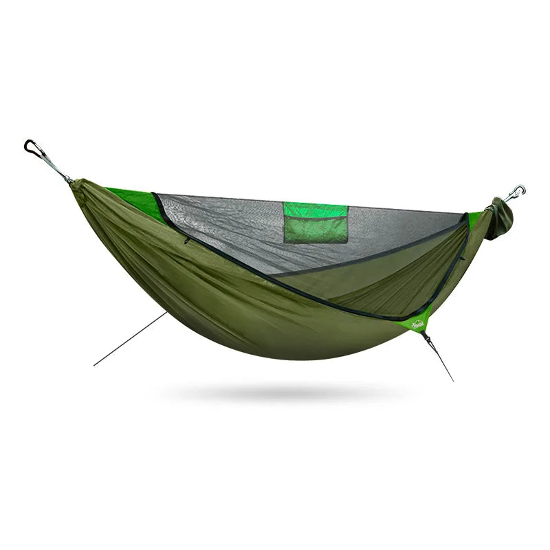 Travelers camping outdoors with mosquito net hammocks, increased anti roll over speed, anti mosquito hammocks