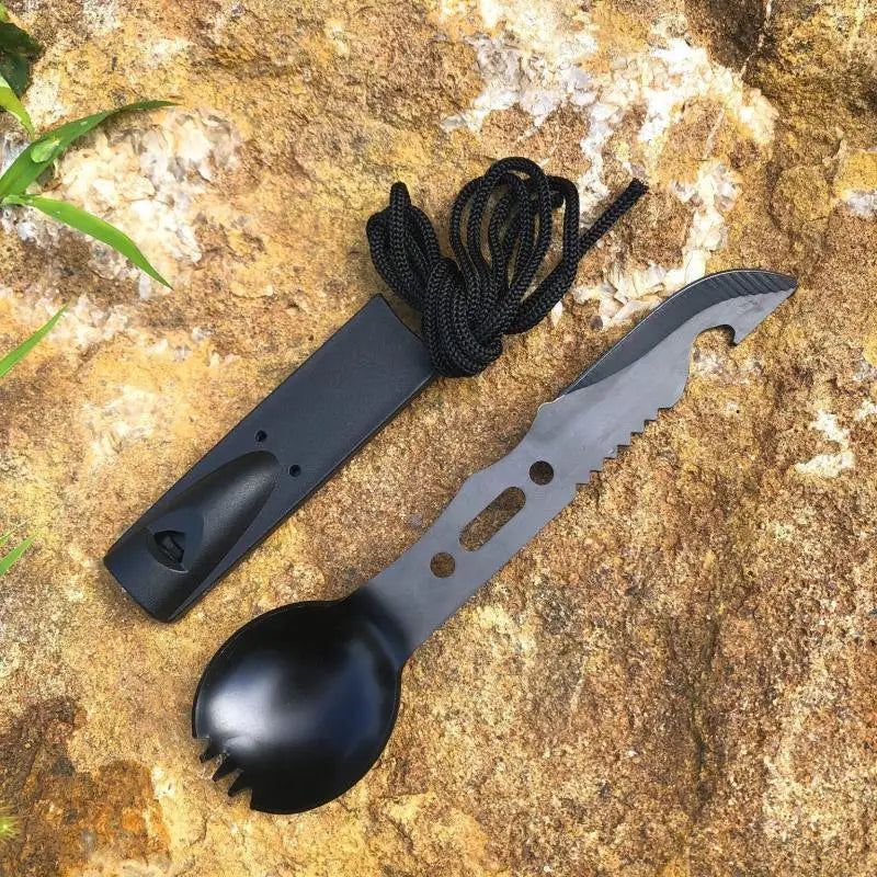 Talheres de acampamento ao ar livre, faca de aço inoxidável, garfo, colher, talheres portáteis multifuncionais para piquenique, equipamento de acampamento ao ar livre