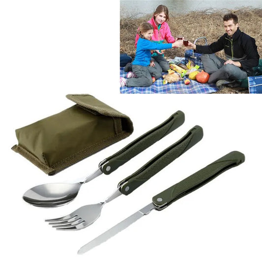 Stainless Steel Portable Folding Cutlery Set Fork Knife With Green Pouch Survival Camping Bag Outdoor Cutlery Container
