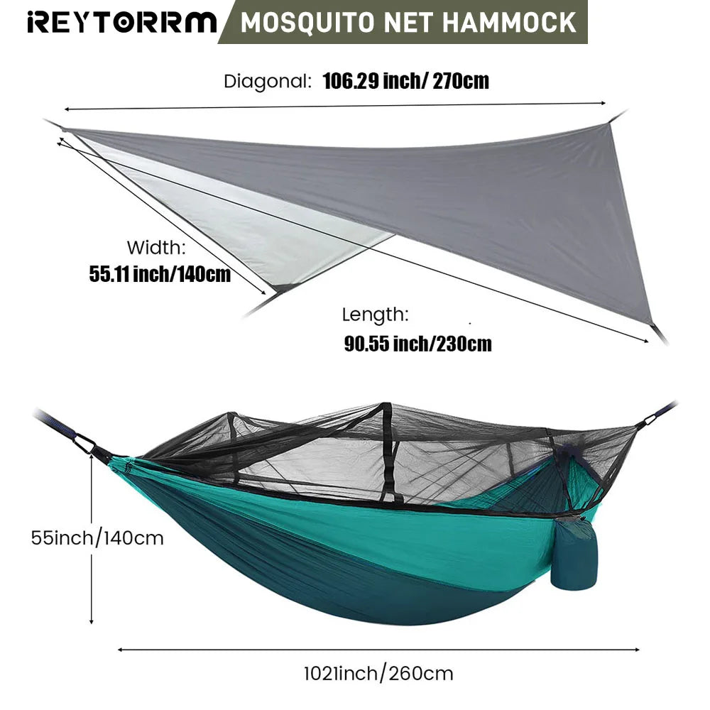 260x140cm Outdoor Double Camping Hammock with Mosquito Net and Rain Fly Tarp Lightweight Parachute Hammocks for Travel Hiking