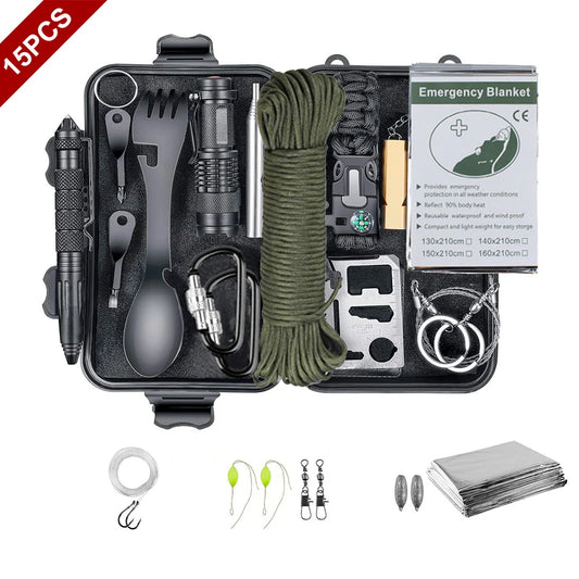 15 I 1 Emergency Survival Kit Gear Camping Travel Multifunktion Taktisk Forsvarsudstyr Førstehjælp SOS Wilderness Adventure
